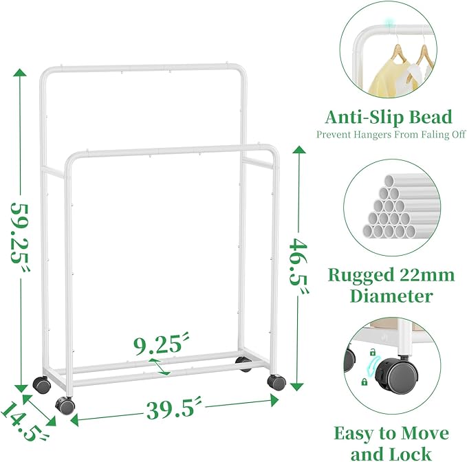 Simple Trending Clothing Clothes Rack Double Rods with Wheels, Rolling Metal Garment Rack for Hanging, White
