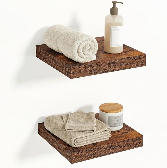 Vivelove 12x12 Floating Shelves for Wall, 12" Deep Shelves with Invisible Brackets, for Living Room Bedroom Bathroom, Farmhouse Rustic Shelves Home Decor, Set of 2, Rustic Brown