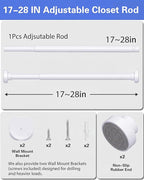 No Drilling Closet Rods for Hanging Clothes, Non Slip Tension Rod with Heavy Duty Clothes Hanging Rod, 17-28 Inches Adjustable Spring Closet Rod for Closet Wardrobe Bathroom Laundry RV, White