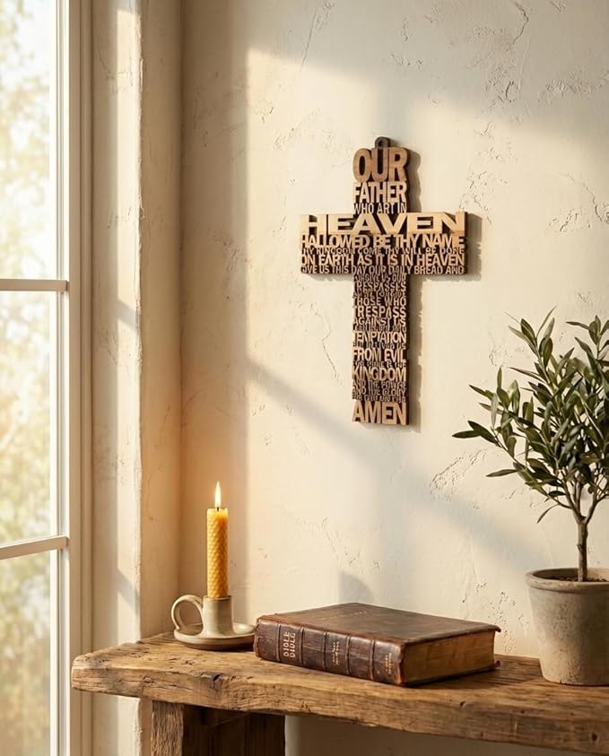 Our father prayer cross made from olive wood - Crucifix/Wall Cross Hand Crafted by Christian families in Bethlehem. A unique Religious Gift for Christmas or Any Other Christian Holiday