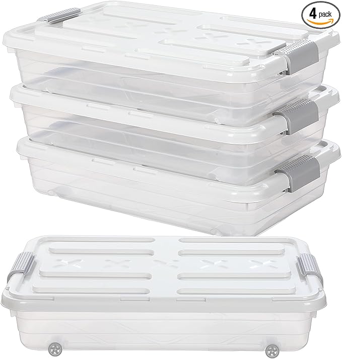 4 Pcs Plastic Under Bed Storage Containers with Lid Wheel Handle, Transparent Large Capacity Stackable Latching Storage Bins for Closet Bedroom Clothes Shoes Blanket(23.7 x 15.8 x 5.2,White)