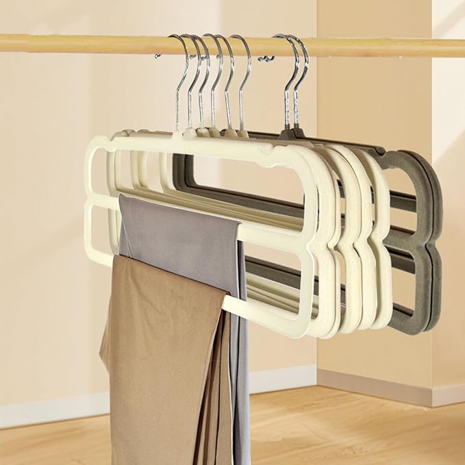 VSV stoage Velvet Pants Hangers with Double Non Slip Bar - Multiple Velvet Hangers for Closet - Thin Space Saving Clothes Hanger - 360° Swivel Felt Trouser Hanger Perchas Terciopelo 10 Pack (Black)