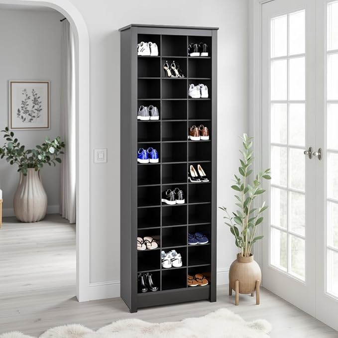 Prepac Elegant Black Shoe Storage Cabinet, Space-Saving Solution with Cubbies for 36 Pairs, 13"D x 23.5" W x 72.5" H