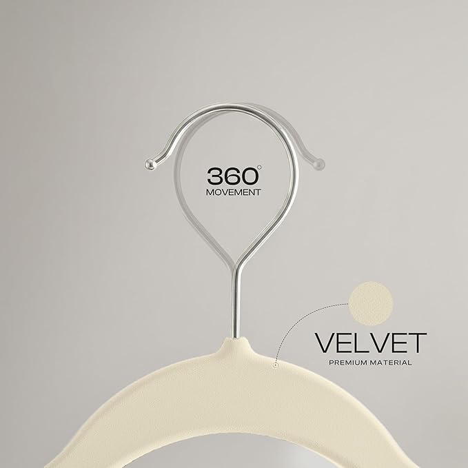 Utopia Home Velvet Hangers 20 Pack – Luxury Non-Slip Slim Pant & Coat Hangers, Strong Space-Saving Clothes Hangers with Pants Bar and 360° Swivel Hook – Ivory