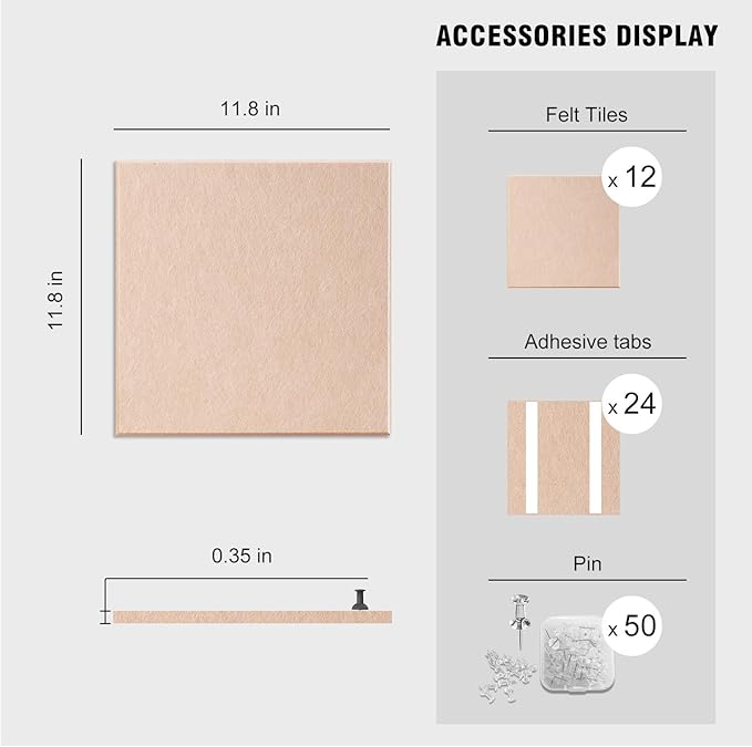 TSJOFFICE Large Cork Board for Wall - 48" x 36" Bulletin Board with 50 Pushpins for Office Decor, Pin Board 12 Pack Felt Wall Tiles with Safe Removable Adhesive Tabs, Corkboard for Home - Cinnamon