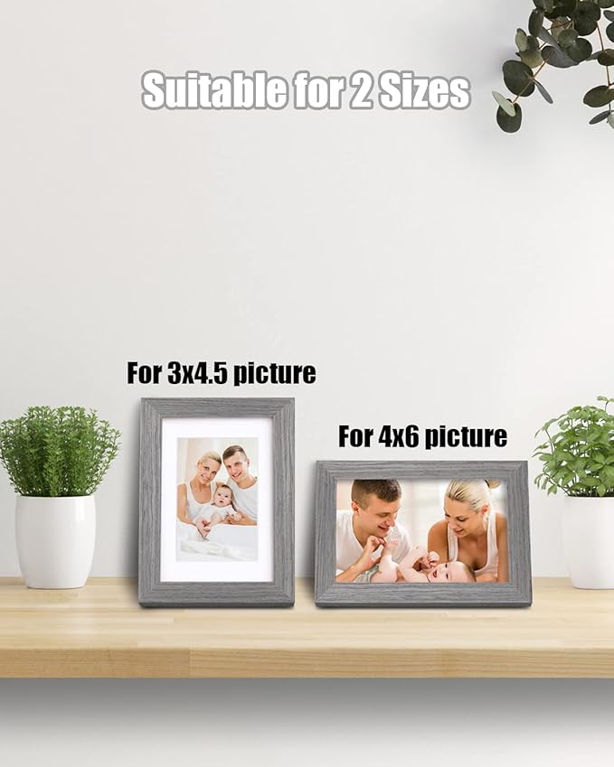 Egofine 4x6 Picture Frames Set of 4, Made of Solid Wood Covered by Plexiglass 3x4.5 and 3.5x5 with Mat or 4x6 without Mat, for Table Top Display and Wall Mounting Photo Frame, Light Grey
