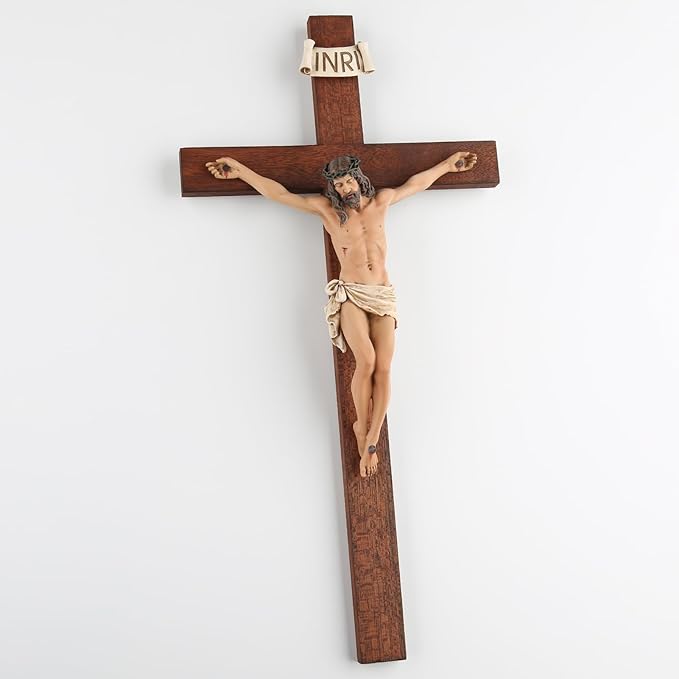 Crucifix Wall Cross - 14 Inch Olive Wood Wall Crucifix, Hand Painted Resin Jesus on Wooden Crucifix Catholic Home Decor Housewarming Religious Gifts