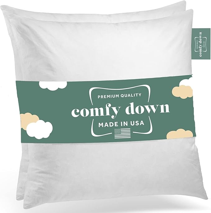 ComfyDown Set of Two 22X22 Decorative Throw Pillow Insert, Down and Feathers Fill, 100% Cotton Cover 233 Thread Count, Square Pillow Insert - Made in USA