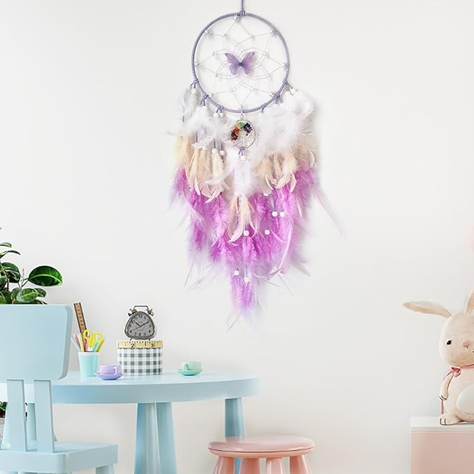 Purple Dream Catcher Wall Decor Feather Dream Catchers with Crystal Tree of Life Pendant Handmade Dreamcatcher Wall Hanging Ornament for Bedroom Living Room Home Decor