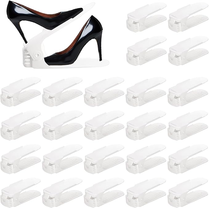 24 Packs Shoe Slots Organizer, Adjustable 4 Level Shoe Stacker, Double Layer Stack Shoe Holder, White Plastic Shoes Space Saver, Thickening Shoe Rack Holder for Closet Organization