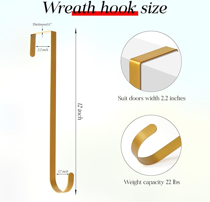 MCFULL 12 in Wreath Hangers for Front Door,Sturdy Metal Wreath Doors Hangers,Over The Door Hooks for Front Porch Decor,Gold Garland Hooks Holders for Halloween Christmas Decorations,2 Packs