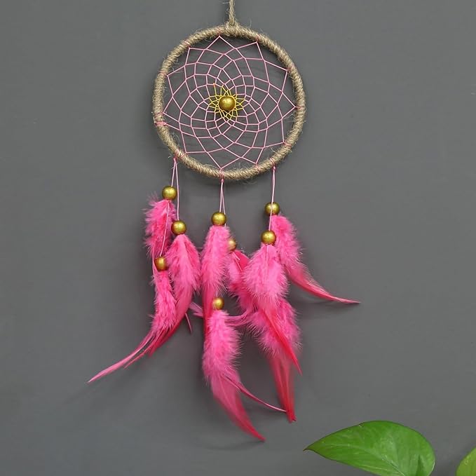 Handmade Dream Catchers Wall Decor,Boho Feather Dreamcatcher with Natural Elements,Unique Home Decor Gift for Bedroom, Living Room (Pink 15.7in)
