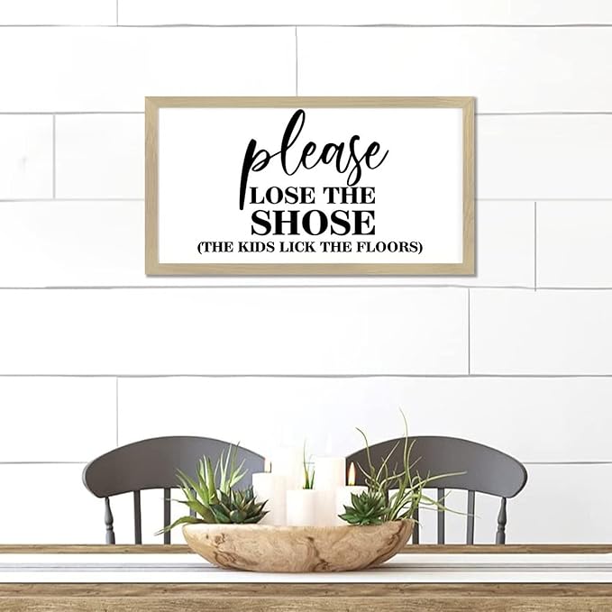 Vintage Style Motivational Quote Wooden Signs with Family Quote Please Lose the Shoes Beige Frame Wooden Plaque for Laundry Room Farmhouse Cottage Porch Wall Decor Birthday Housewarming Gift 12x22in
