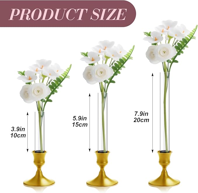 6 Pack 3.9" 5.9" 7.9" Bud Vase Taper Candle Holder's Flower Vase for Candlestick Sizes from 22mm to 27mm Adjustable Designed Specially for Taper Candle Holder for Tablescapes, Wedding Decor