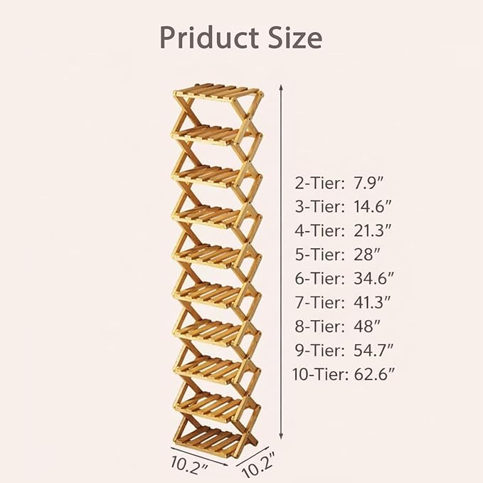 DDRIC The 9-Tier No-Assembly Bamboo Rack, Foldable 9 Tier Bamboo Shoe Rack with Collapsible Vertical Design, Space-Saving Shoe Storage Shelf for Entryway Closet Dorm, No-Tool Assembly (Nuture,3)