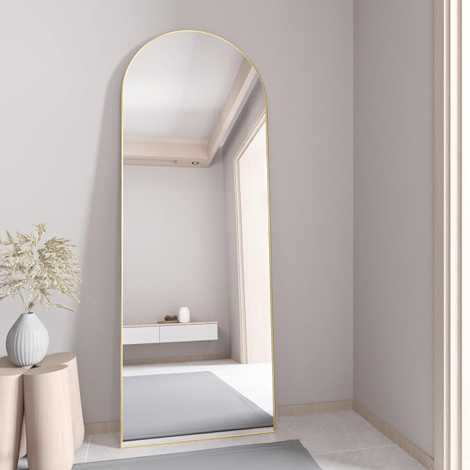 Full Length Mirror, 56"x16" Arch Floor Mirror with Stand, Gold Arched Full Body Standing or Leaning Mirror for Bedroom, Living Room