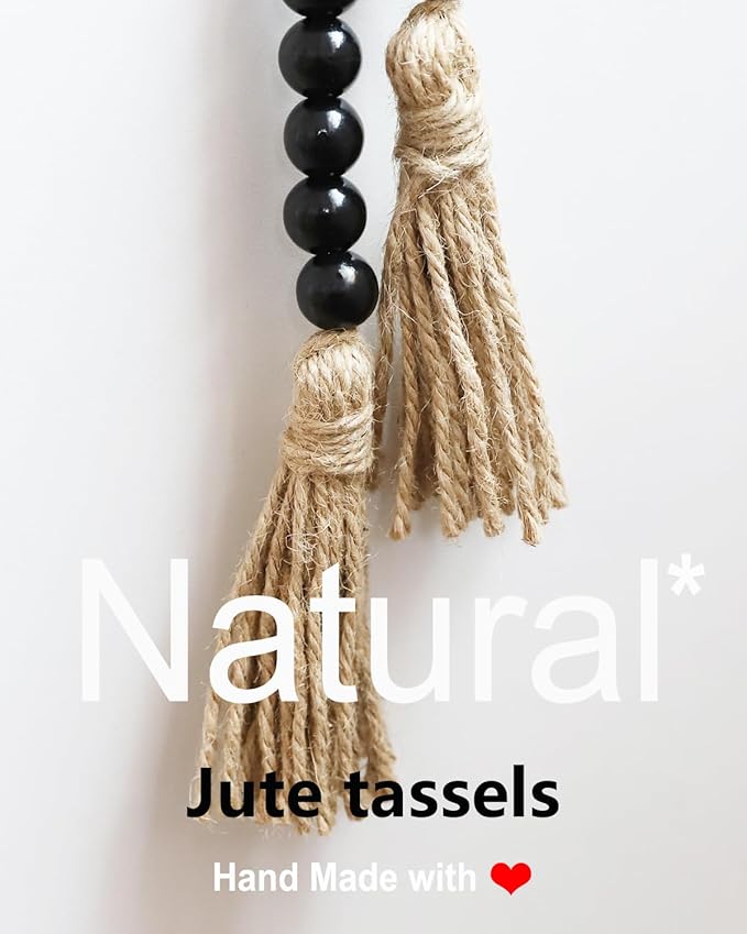 Boho Decor Wood Beads Garland Farmhouse Wall Hanging Decorations Natural Wooden Bead Tassel Decorative for Coffee Table Christmas and Prayer (Black, 58")