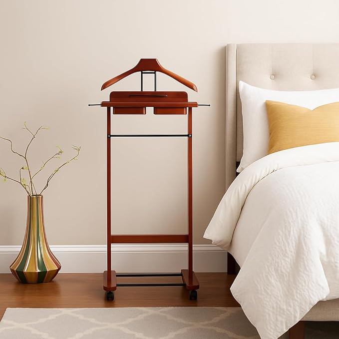 Proman Products Deluxe Suit Valet Stand VL16204 with Top Tray, Slide Out Tray, Contour Hanger, Trouser Bar, Tie & Belt Hooks and Shoe Rack, 17" W x 13" D x 41" H, Dark Cherry