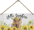 Mtrgdn Summer Sunflower Highland Cow Decor,Highland Cow Wood Wall Hanging Sign,Gifts for Western Cow Lovers,Rustic Wooden Hanging Sign for Farmhouse Kitchen Decor,12x6 Inch