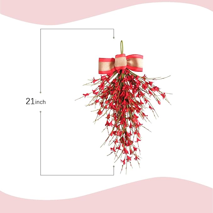 Forsythia Spring Teardrop Swag, 2Pcs Artificial Spring Summer Floral Hanging Swags with Bow for Door Wall Mantel Window Wedding Home Decor (Red)