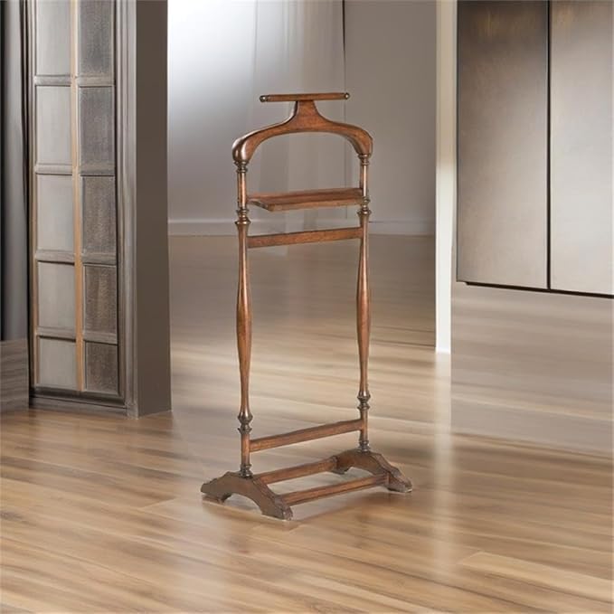Beaumont Lane 42.75"H Traditional Solid Wood Valet Stand with Shoulder-Formed Hanger and Pants Bar, Some Assembly Required, for Hanging Pants/Shirts/Ties or Jackets, in Brown/Plantation Cherry Finish