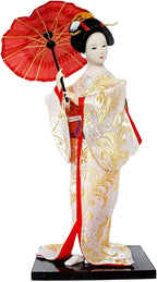 12inch Japanese Geisha Ethnic Japanese Geisha Dolls Oriental Ancient Kabuki Girl Statue Kimono Dolls for Tabletop Home Decor, White and Gold