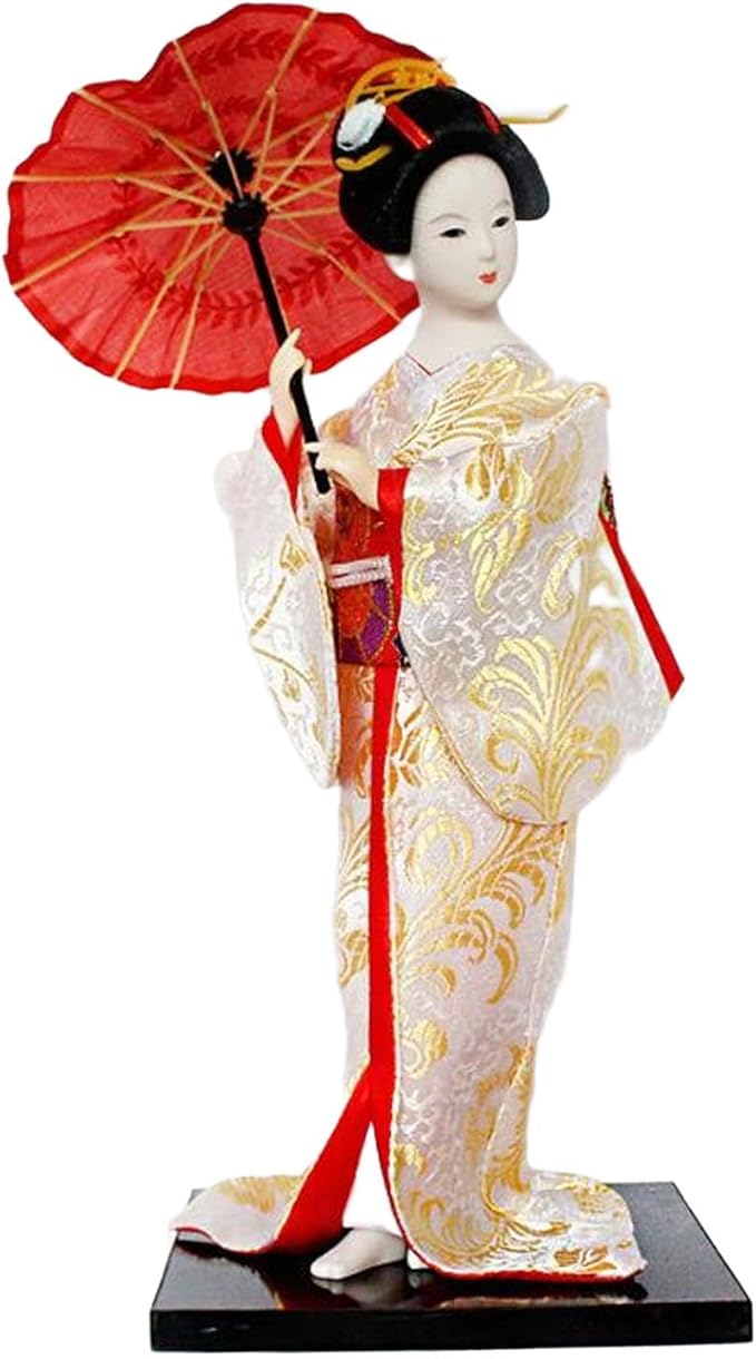 12inch Japanese Geisha Ethnic Japanese Geisha Dolls Oriental Ancient Kabuki Girl Statue Kimono Dolls for Tabletop Home Decor, White and Gold