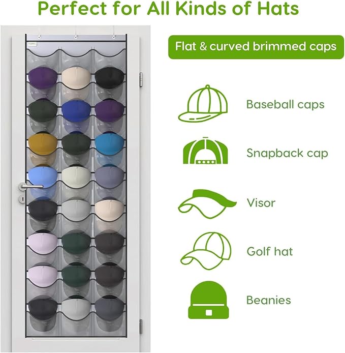 Unjumbly Baseball Hat Rack, 27 Pocket Over-The-Door Hat Organizer with Clear Deep Pockets to Display Baseball Caps Collection, Complete with 3 Over Door Hooks (Grey, 27 Pockets)