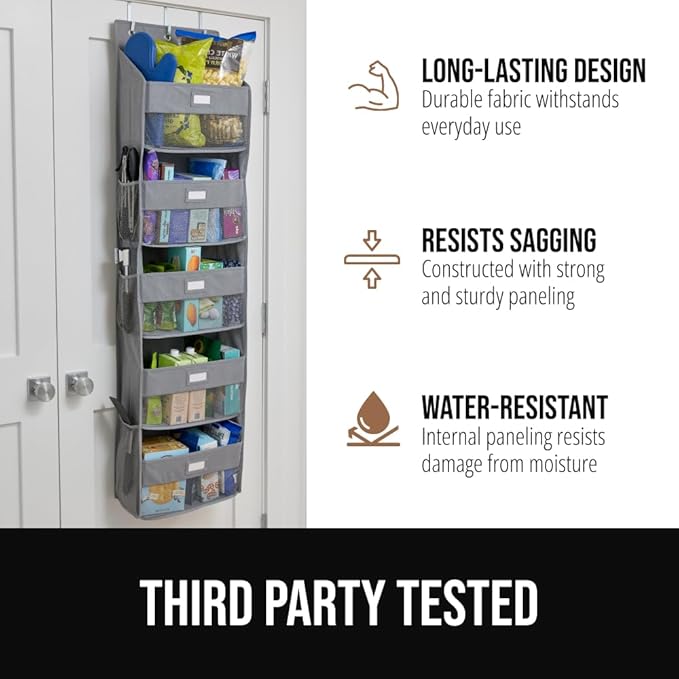 GORILLA GRIP Over The Door Organizer Storage, 5 Deep Hanging Shelves, Holds 50lbs, Closet Organizers Shelf for Bedroom, Shoes, Bathroom, Nursery, Dorm Essentials, 3 Metal Hooks, 58x15 Inches, Gray