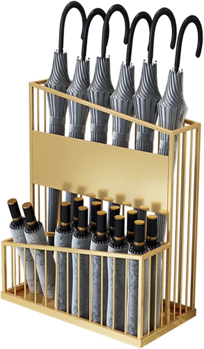2 Tier Metal Umbrella Stand Umbrella Holder, Large-Capacity Commercial Umbrella Stand Umbrella Holder for Hotel Offices, Entrance Umbrella Organizer (Color : Gold, Size : 30x23x50cm)