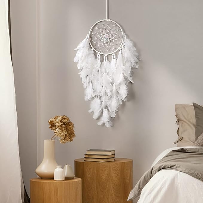 Dremisland White Feathers Dream Catcher Wall Hanging Elegant Wall Art Room Decoration for Windows Balcony Bedroom Wedding Party Gift for Girls and Kids (No Lights)