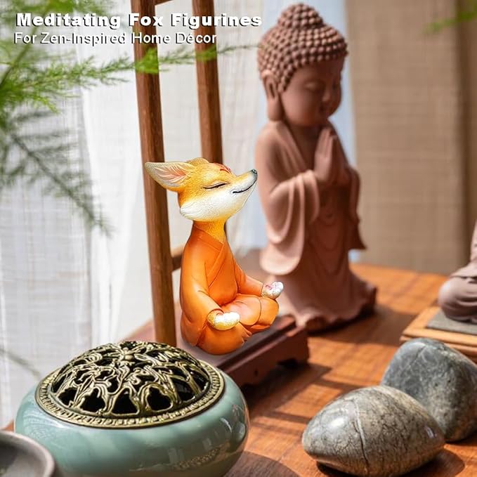 Orange Resin Meditating Fox Statue, Zen Yoga Figurine, Feng Shui Decor for Desktop Bookshelf Indoor Outdoor Plants Home Garden, Spiritual Gifts for Yoga & Meditation Lovers