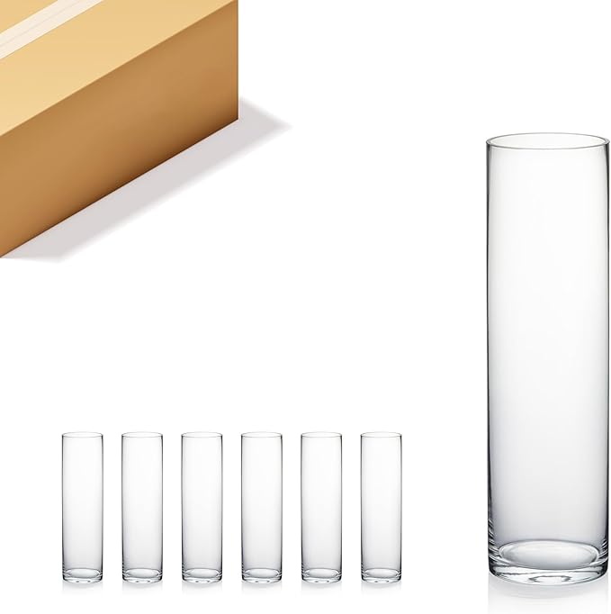 WGVI Quality Thick Weighted Tall Clear Cylinder Glass Vases, 4" W x 14" H, Flower Arrangement Floating Candle Holders Wedding Centerpieces Floral Container Home Decor, Bulk Wholesale, 6 Pcs