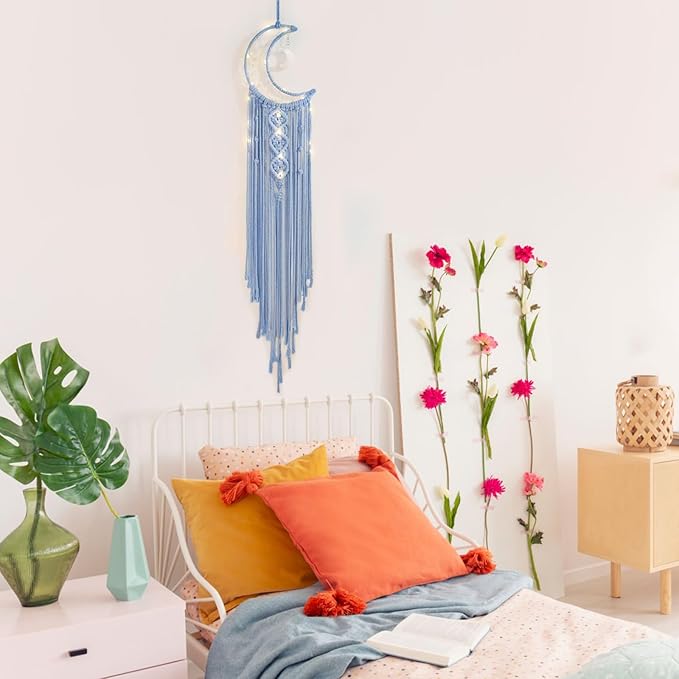 Boho Macrame Woven Wall Hanging, Crochet Crescent Moon Star Dream Catcher with Light- Blue Cotton Handmade Bohemian Home Decor Decoration Art for Kids Bedroom Nursery Dorm Room