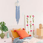 Boho Macrame Woven Wall Hanging, Crochet Crescent Moon Star Dream Catcher with Light- Blue Cotton Handmade Bohemian Home Decor Decoration Art for Kids Bedroom Nursery Dorm Room