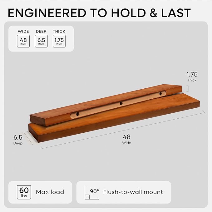 Homeforia 48 inch Oak Floating Shelf, High End Solid Real Wood 48inch Floating Shelves for Wall Mounted, Honey Oak Wooden 48in Large Floating Shelves, Heavy Duty Bracket, 48 X 6.5 X 1.75 in, Set of 3