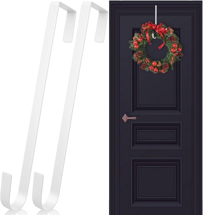 12 in Wreath Hanger White Wreath Hangers for Front Door 2 Pack Wreaths Hangers Hook Over The Door Hook Christmas Wreaths Holder Halloween Xmas Easter Outdoor Home Party Decorations
