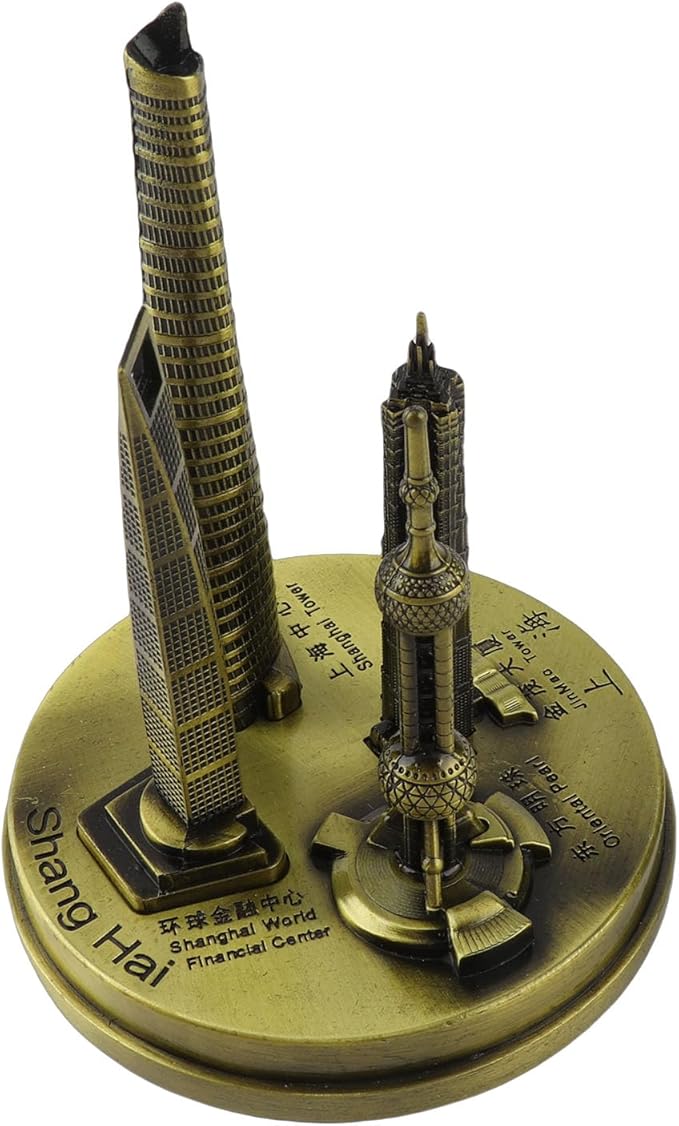 Shanghai Building Collection Model Set, Oriental Pearl Tower and Jin Mao Financial Center Souvenir, Electroplated Bronze Gold Metal Architecture Miniatures for Office Home Decor (Bronze-Small)