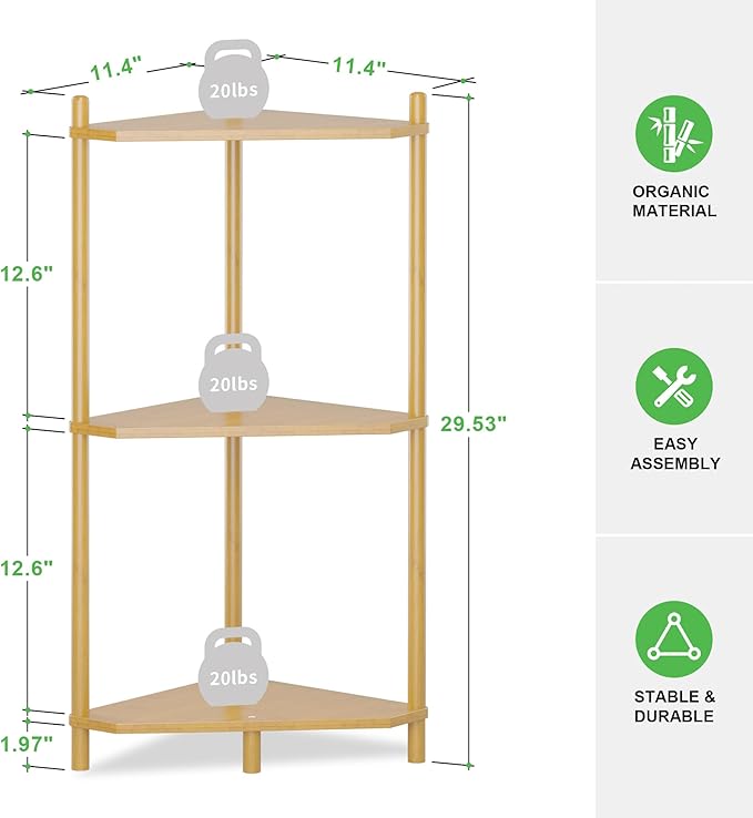 Wisuce Corner Shelf Stand - 3 Tier Bamboo Small Corner Bookshelf for Office Kitchen Bedroom Plant Stand Living Room Decor Small Space (Nature)