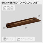 Homeforia Walnut 60 inch Floating Shelf, High End Solid Real Wood 60inch Long Floating Shelf for Wall, Dark Brown Wooden 60in Large Floating Shelves, Heavy Duty Bracket, 60 X 6.5 X 1.75 inch, Set of 3