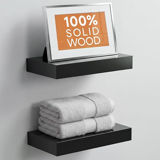 Homeforia Floating Shelf Black 12 inch, High End Solid Real Wood Small 12inch Floating Shelves for Wall Mounted, Black Wooden 12 in Floating Shelves, Heavy Duty Bracket, 12 X 6.5 X 1.75 inch, Set of 4