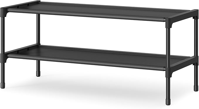 SONGMICS Shoe Rack, 2-Tier Shoe Storage Organizer, Space-Saving, 11.7 x 24.5 x 12.2 Inches, Entryway, Metal Frame, Non-Woven Fabric Shelves, Ink Black ULSH022BH01