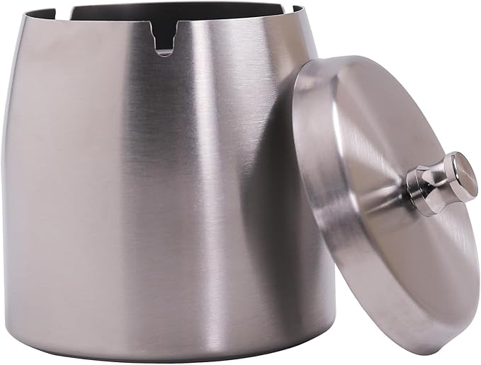Large Ashtray with Lid for Cigarette, Stainless Steel Smokeless Odorless Windproof Ash tray for Home Office Tabletop Outside Patio Outdoor Balcony(3.93"x3.2"x3.82")