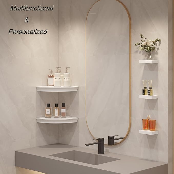 HAO Floating Corner Shelf Invisible Wall Mounted Shelves Radial Shape Cable Wire Hole Pattern Perfect for Bedroom Bathroom Living Room Kitchen Set of 2 White