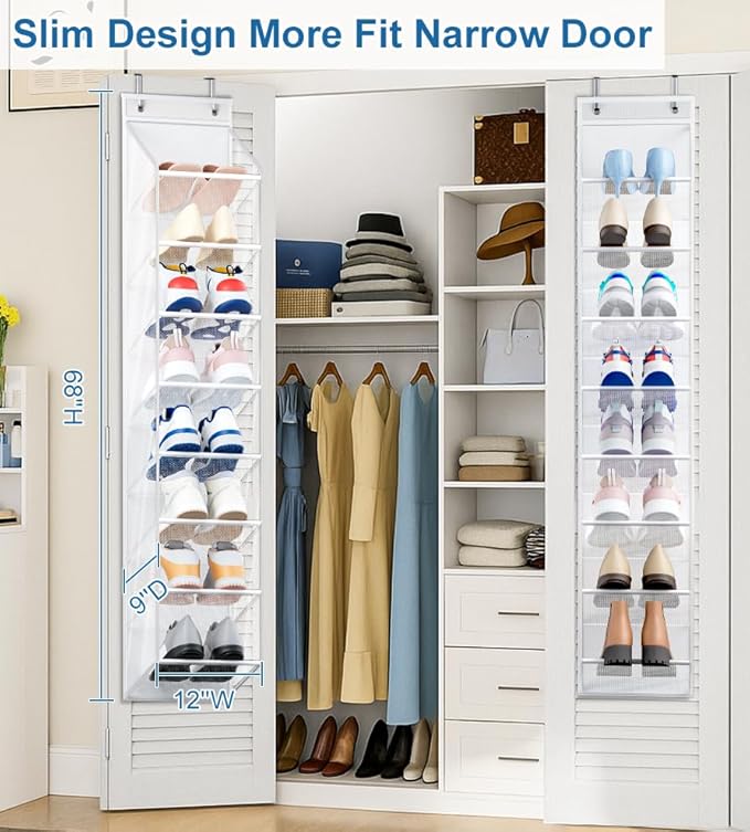 SLEEPING LAMB Narrow Over the Door Shoe Organizer for Closet, 2 Packs Shoe Racks for Door with Mesh & Deep Pockets, Hanging Sneakers Holder to Storage Boots, White