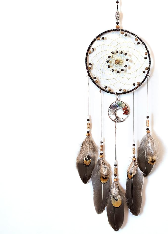 MOONFLY Dream Catcher Handmade Traditional Feather Dreamcatcher Hanging Home Wall Decoration Craft Ornament for Home, Bedroom, Kids, Boys Native American Style Décor (Brown Life Tree)