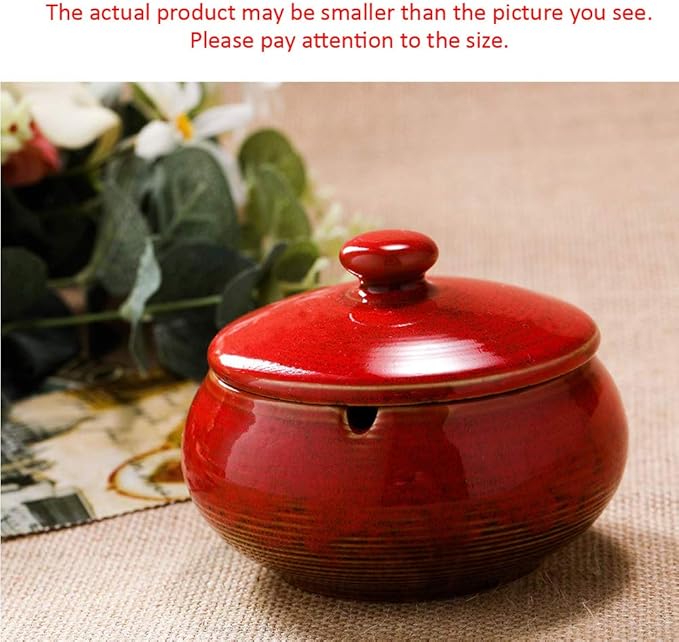 Lependor Ceramic Ashtray with Lids, Windproof, Cigarette Ashtray for Indoor or Outdoor Use，Ash Holder for Smokers,Desktop Smoking Ash Tray for Home Office Decoration- Red