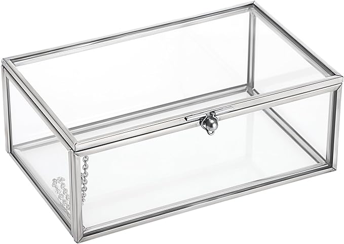 Hipiwe Vintage Glass Keepsake Box Rectangle Jewelry Display Organizer Lidded Box Home Decor Accent Decorative Box for Storage Trinket Rings Bracelet, Silver, Small