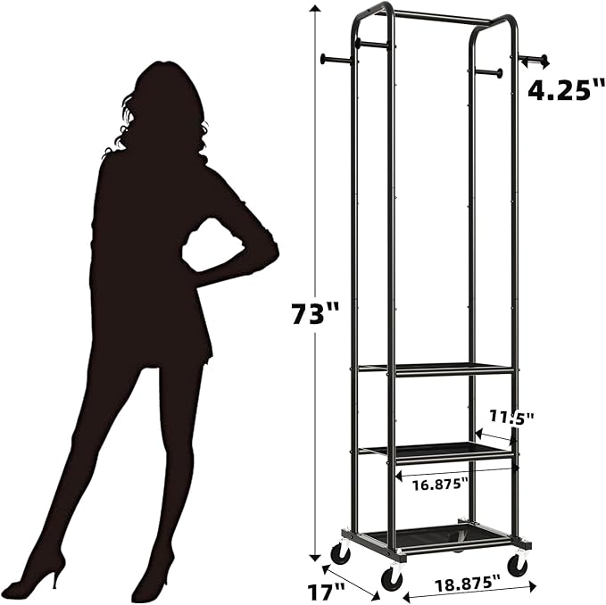 Heavy Duty Clothing Rack with Wheels, Modern Garment Rack with 3 Metal Shelves, Black