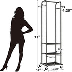 Heavy Duty Clothing Rack with Wheels, Modern Garment Rack with 3 Metal Shelves, Black